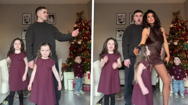 Papa en kids poseren braaf tot moeders haar outfit showt en de boel overneemt