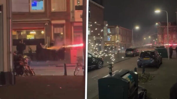 Verrijking van de samenleving schiet vuurwerk horizontaal door de straat