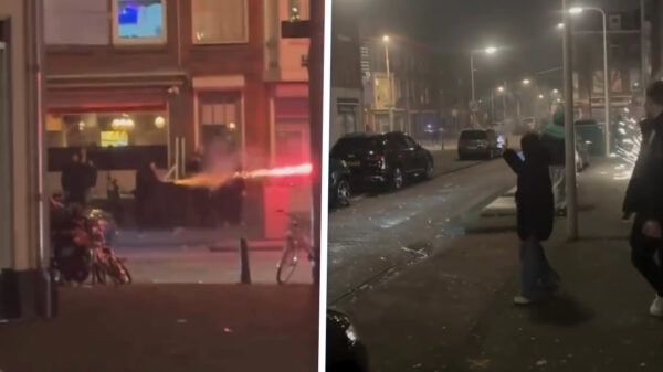 Verrijking van de samenleving schiet vuurwerk horizontaal door de straat