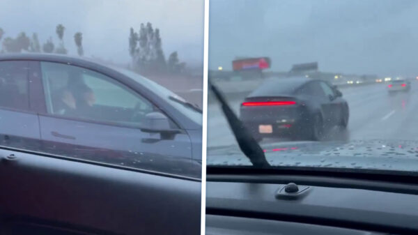 Stelletje gespot terwijl ze op de snelweg een tukje doen in hun Tesla
