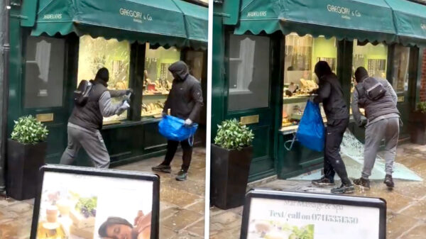 Proletarisch shoppen met een voorhamer bij een juwelier in Londen