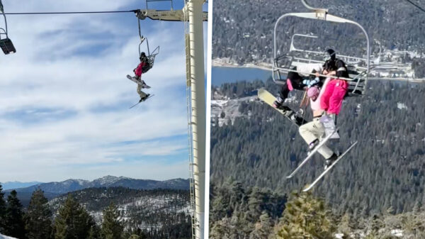 Angstaanjagende beelden: Vrouw bungelt metershoog onder een skilift