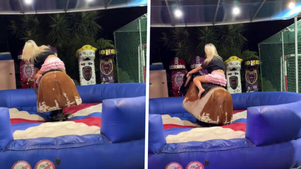 Ritje op mechanische stier verandert in gratis show dankzij ultrakort rokje