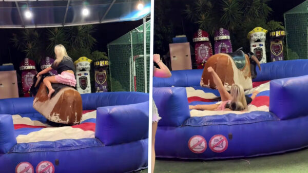 Ritje op mechanische stier verandert in gratis show dankzij ultrakort rokje