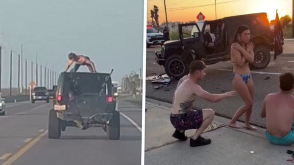 Shirtloze waaghals van Jeep gelanceerd na crash met andere automobilist