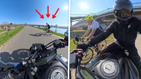 Wielrenner wil motorrijder rechts inhalen en gaat vol op zijn plaat