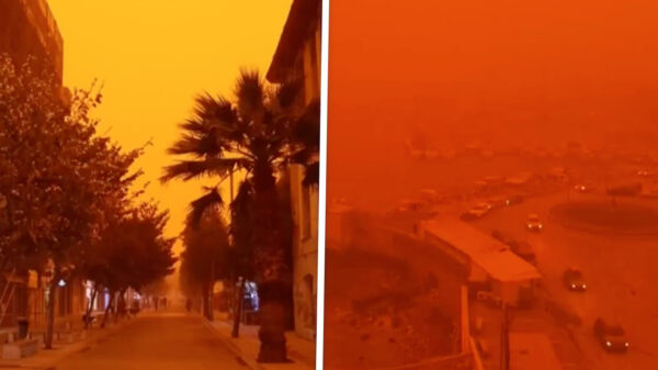 Grieks eiland kleurt apocalyptisch rood door Saharastof en tornado’s