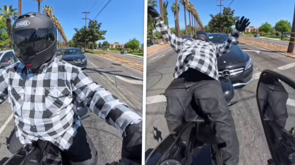 Motorrijder komt niet weg bij groen en wordt keihard geramd door Mercedes