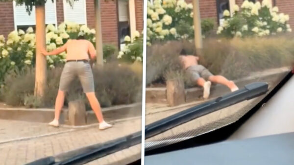 's Ochtends naar je werk terwijl de buurman hem in de voortuin parkeert