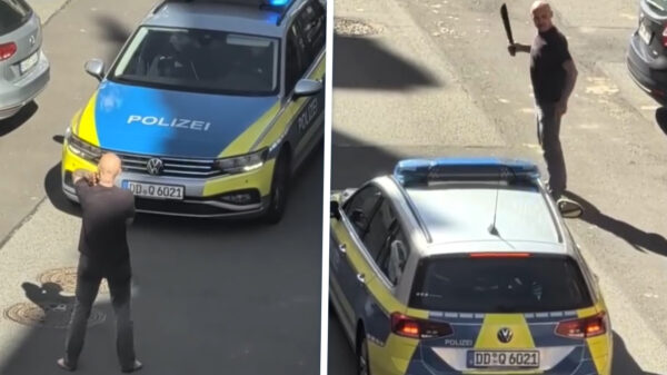 Compleet Duits politiebureau vs mafkees met machete die Rambo denkt te zijn