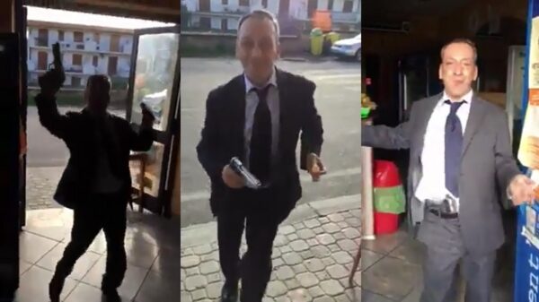 Italiaanse mafkees schiet lukraak in het rond terwijl hij van zijn ontbijtje geniet