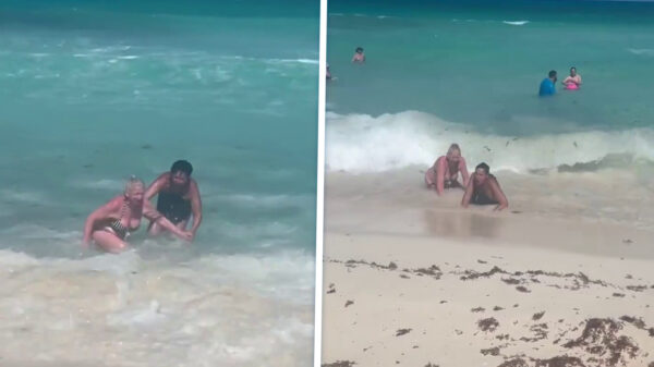 Aangeschoten dames trotseren de zee, maar houden amper hun bikini aan