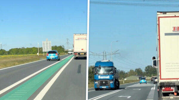 Bizar rijgedrag van idioot in blauw koekblikje die tegenligger de berm in dwingt