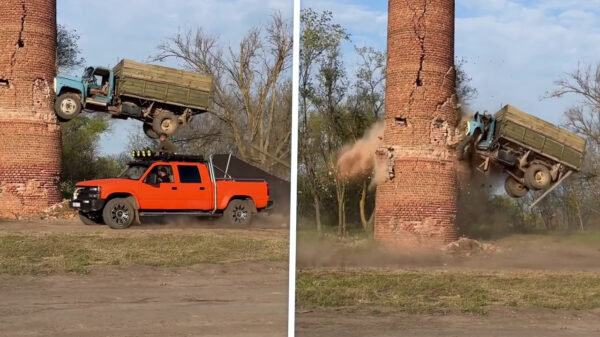 Russische rednecks hebben zo hun eigen methode om een schoorsteen te slopen