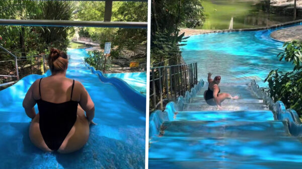 Tante activeert turbostand op waterglijbaan dankzij haar gigantische bunda
