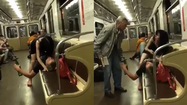 Opa geeft hitsig stelletje in de metro een lesje fatsoen