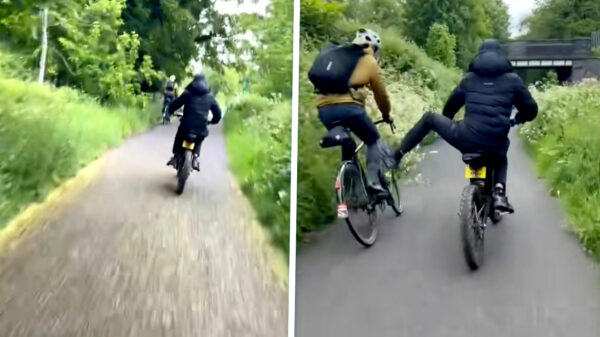 Hufterige fatbiker trapt random fietser zonder aanleiding de bosjes in