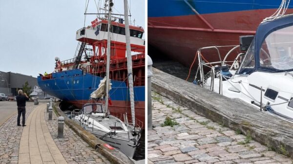 Oeps! Vrachtschip parkeert 'm tantoehard bovenop een onschuldig zeilbootje