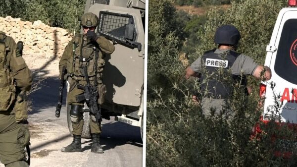 Beelden: Palestijnse journalist met traangasgranaat beschoten in Deir Abu Meshaal