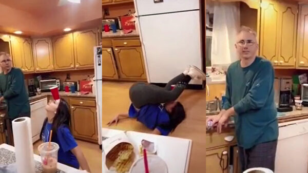 Dochter probeert vader te imponeren met het nemen van een shotje