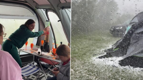 Leuk man, kamperen terwijl de hagel je tent naar de gallemiezen beukt