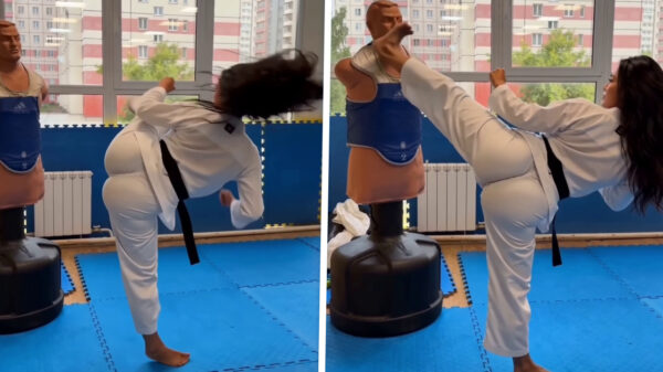 Jackie Chan met rondingen trapt oefenpop met perfecte achterwaartse poeier