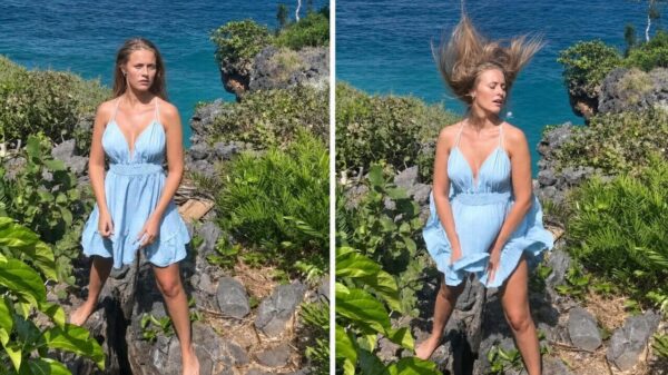 Windvlaag geeft blondine een iets te enthousiaste gratis zomerse ventilatie