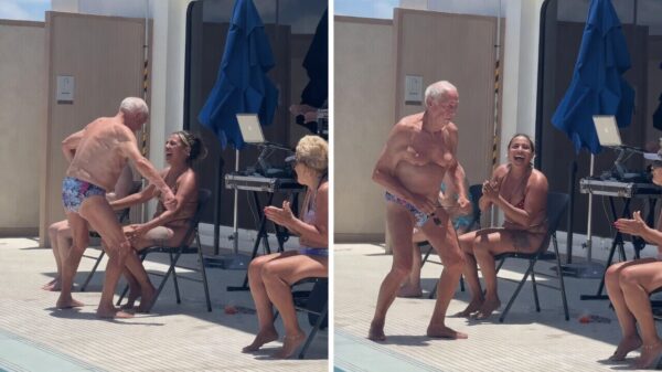 Ouwe vakantieganger bewijst tijdens poolparty dat hij nog lang niet is afgeschreven