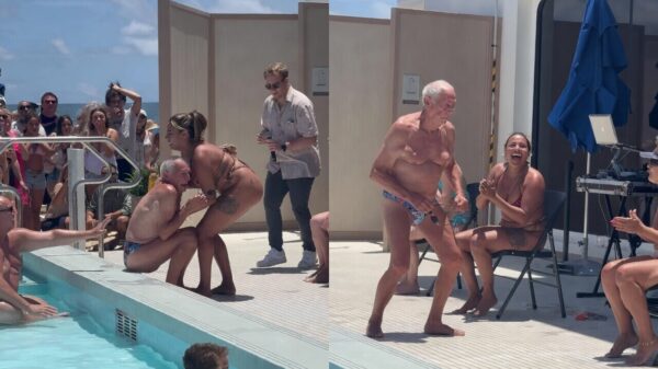 Ouwe vakantieganger bewijst tijdens poolparty dat hij nog lang niet is afgeschreven