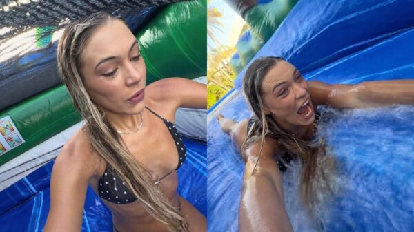 Jutta Leerdam test enorme waterglijbaan en dat levert heerlijke beelden op