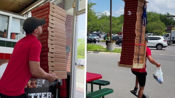 Pizzabezorger balanceert en bezorgt 30 pizza’s tegelijk op zijn Onewheel