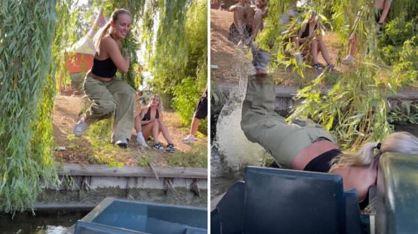 Jane wil indruk maken op Tarzan door via treurwilg in bootje te springen
