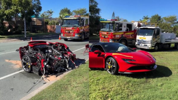 Ferrari van een miljoen knalt tegen boom en breekt compleet doormidden