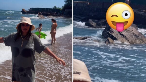 Kerel filmt zijn vrouw op het strand maar raakt afgeleid door twee zeemeerminnen