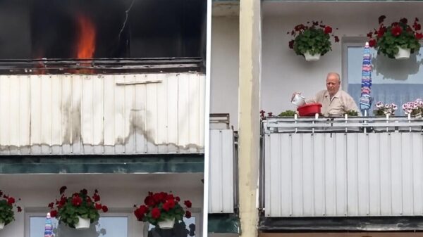 Opa geeft rustig de plantjes water terwijl het appartement boven in de hens staat