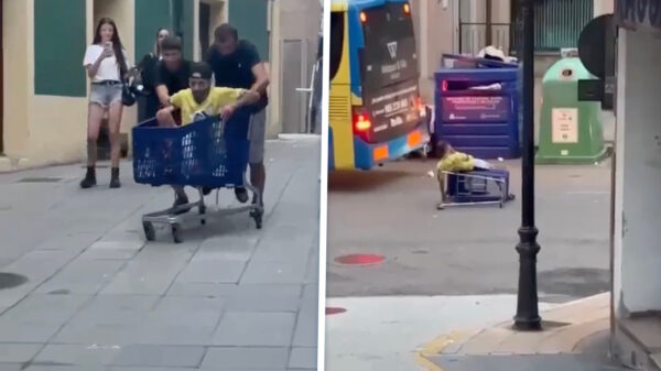 Je maat in een winkelwagen van een helling duwen is niet 't beste idee van de dag
