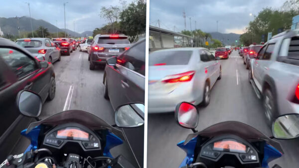 Motorrijder heeft zo zijn eigen manier om de ochtendspits te omzeilen