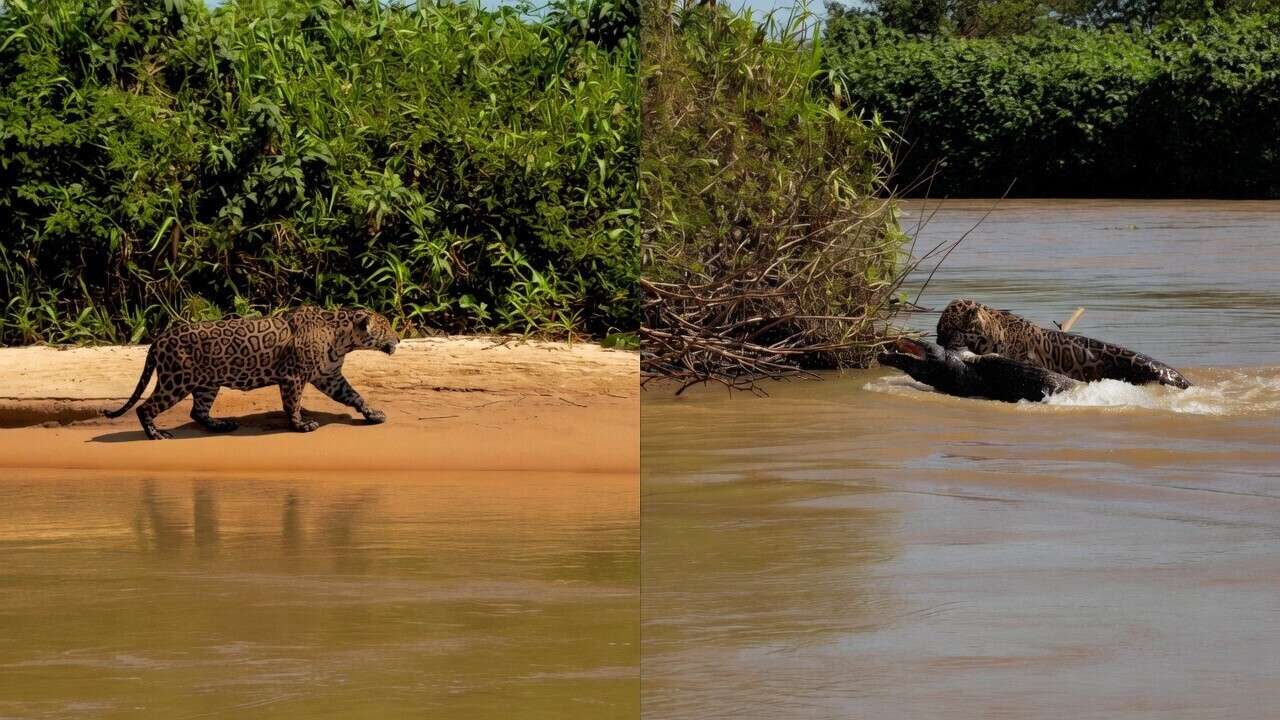 Toeristen zitten eerste rang als jaguar een zwarte kaaiman als lunch uitkiest