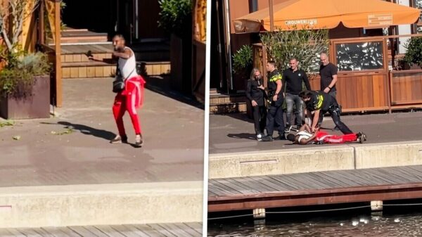 Het moment waarop de Amsterdamse terrasschutter zijn wapen in het water dumpt
