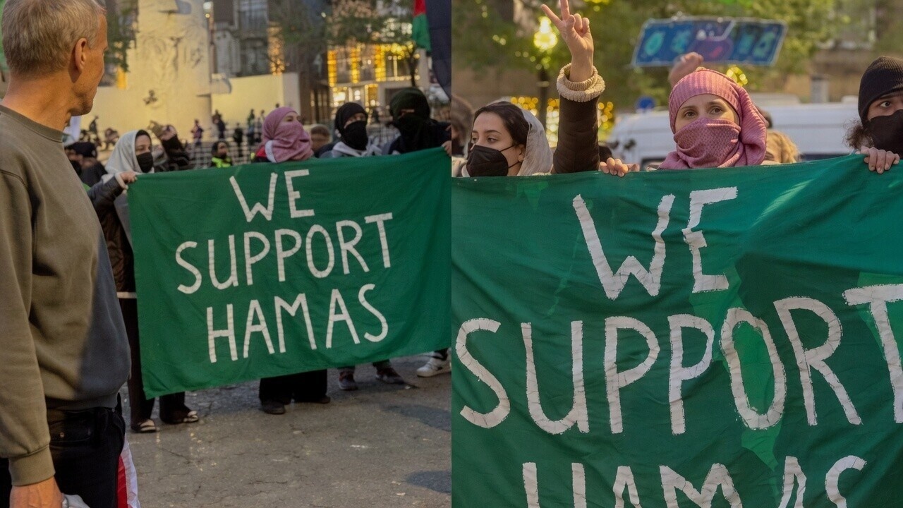 Pro-Palestijnse demonstranten kapen 7 oktober-herdenking met 'We support Hamas'-spandoek