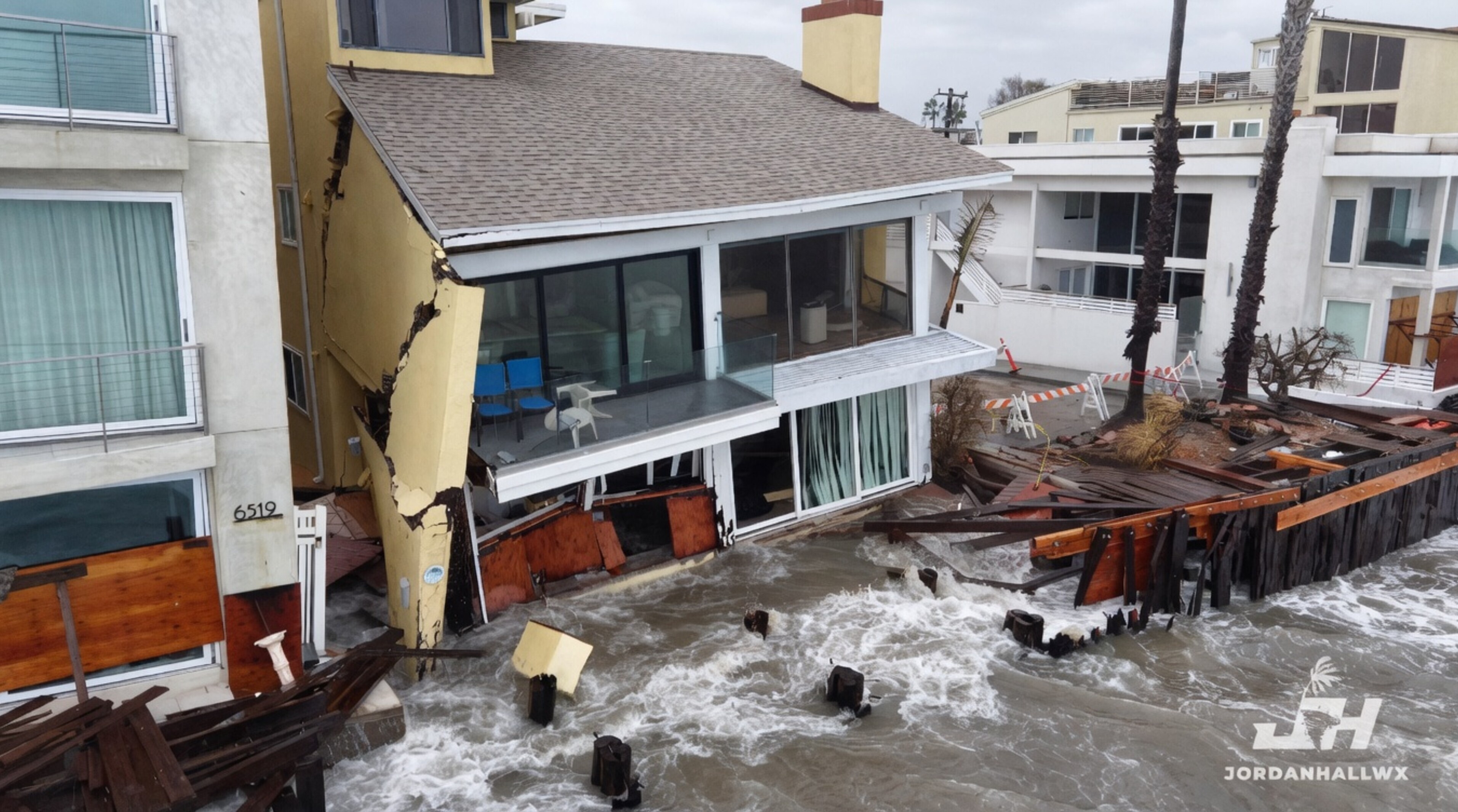 Golven slaan door kapotte zeewering tot tegen huizen in Long Beach