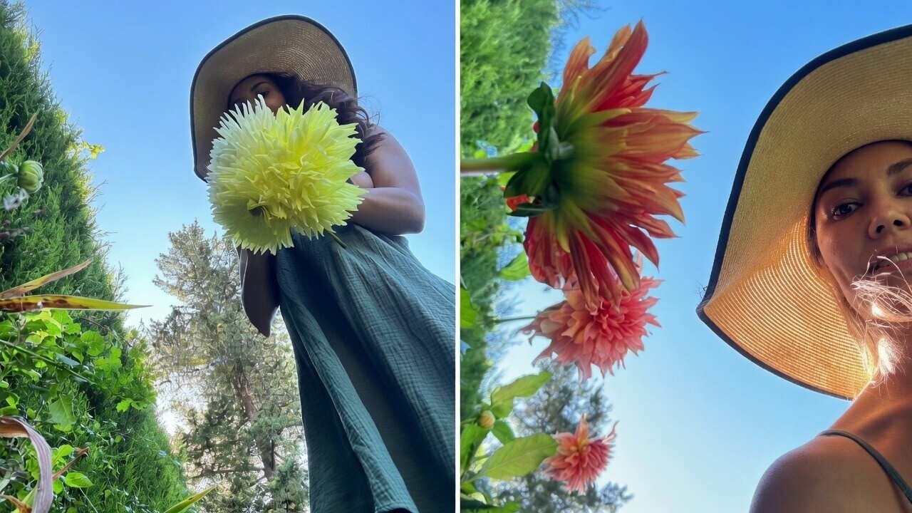 Dame in luchtig jurkje laat haar enorme dahlia's zien en nu willen wij ook tuinieren