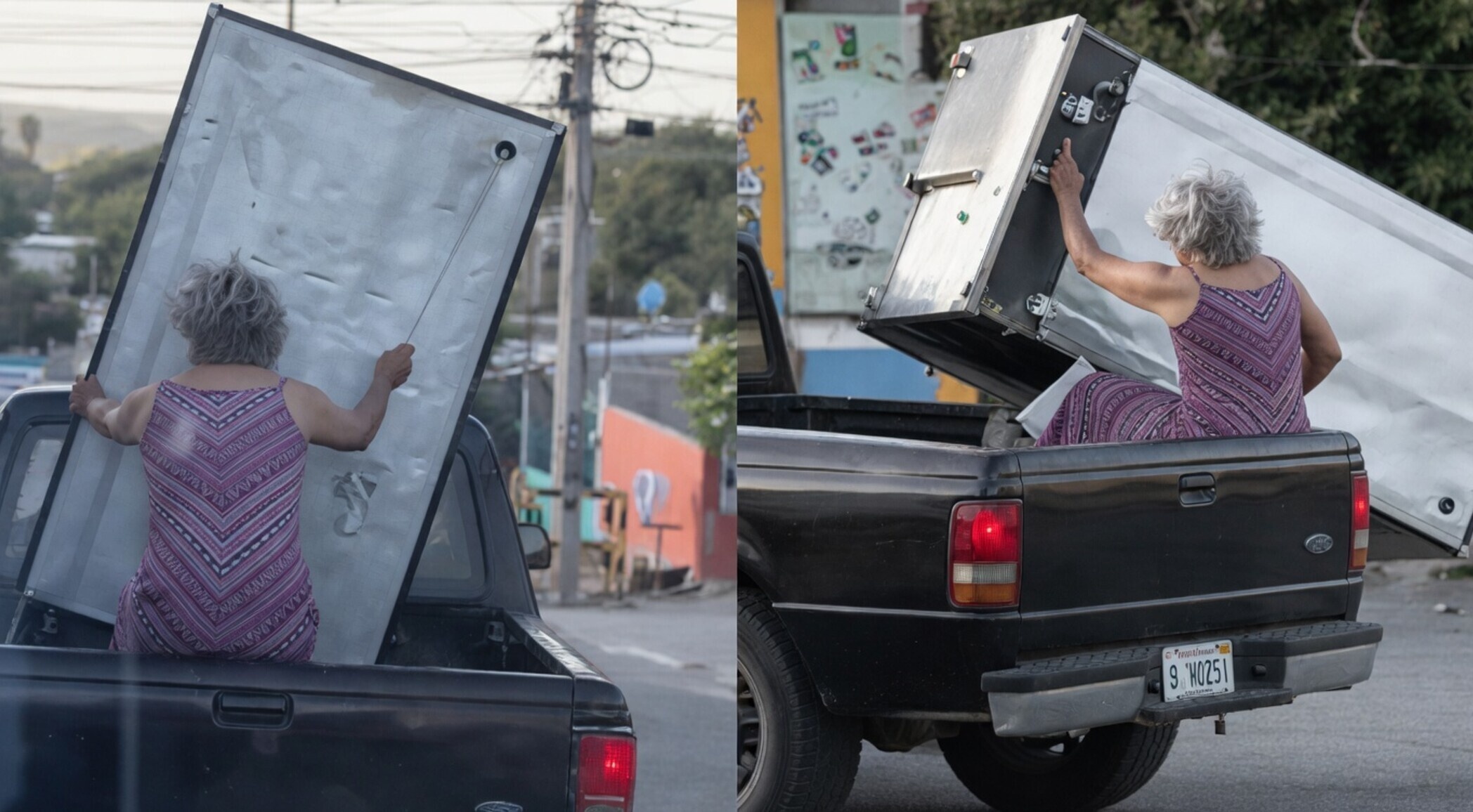 Koelkast vliegt uit pick-up terwijl dappere oma in Mexico hem vasthoudt