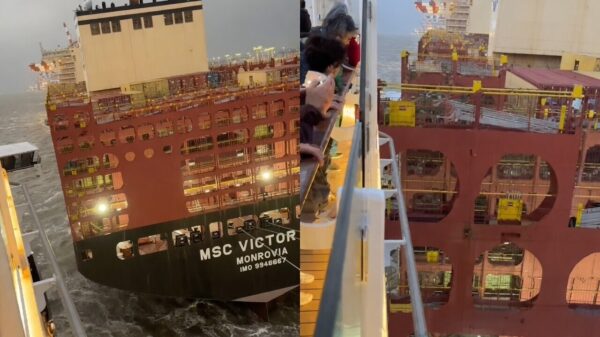 Cruiseschip Mein Schiff 3 botst bij vertrek in Bremerhaven op containerschepen