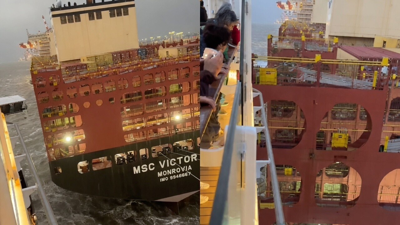Cruiseschip Mein Schiff 3 botst bij vertrek in Bremerhaven op containerschepen