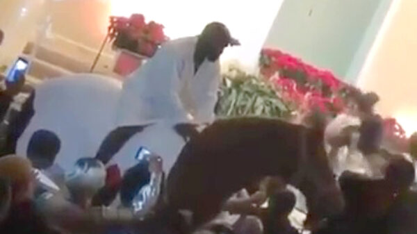 Wannabe Kanye West flikkert tijdens een kerkdienst van een paard