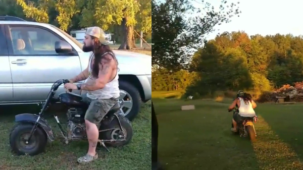 Redneck op minimotor maakt een iets te harde landing