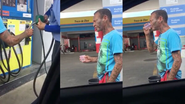 Braziliaan is nog lang niet uitgefeest en neemt nog een shotje bij een benzinestation