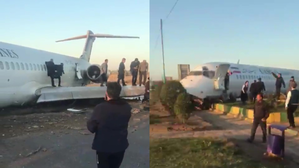 Iraans vliegtuig met 150 passagiers glijdt door na landing en belandt op de snelweg
