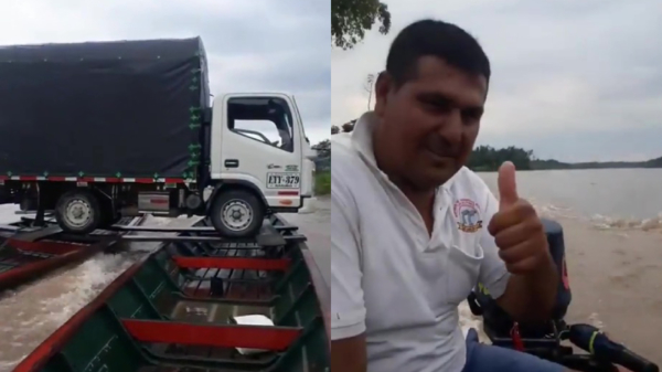 Bestelwagen over het water vervoeren gaat in Colombia supermakkelijk